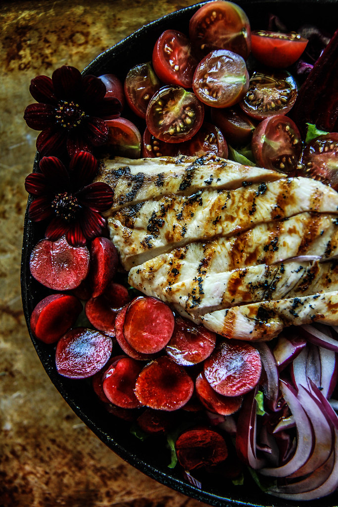 Grilled Chicken, Beet and Cherry Salad with honey balsamic dressing from HeatherChristo.com
